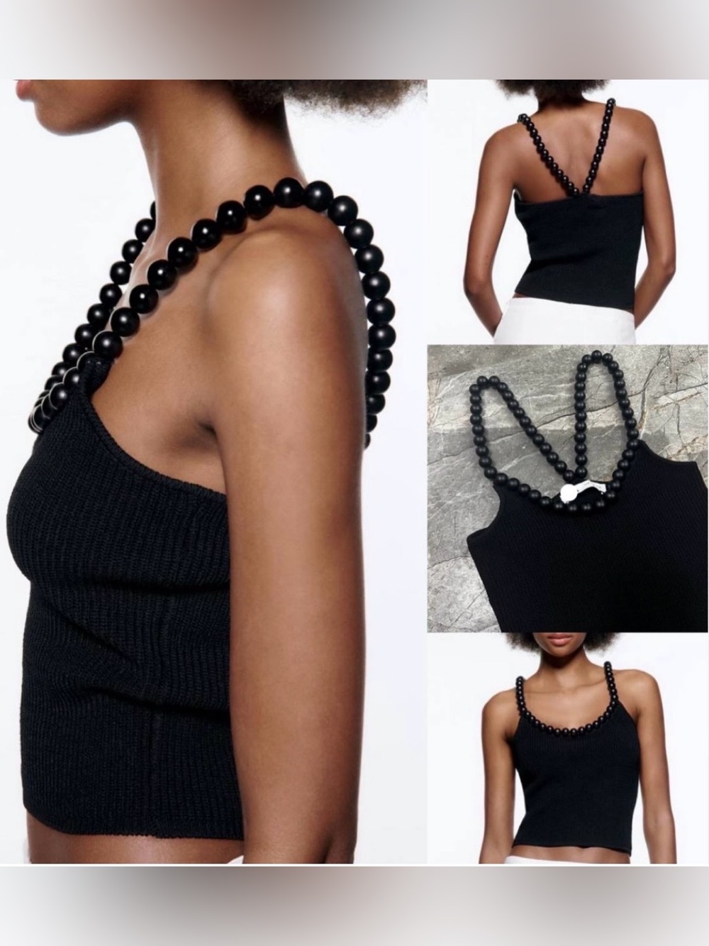 Zara Beaded Strap Black Ribbed Tank Top, size M